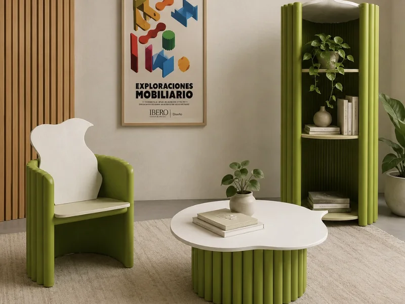 Sillón, mesa de centro y librero verdes del proyecto de mobiliario Alcatraz